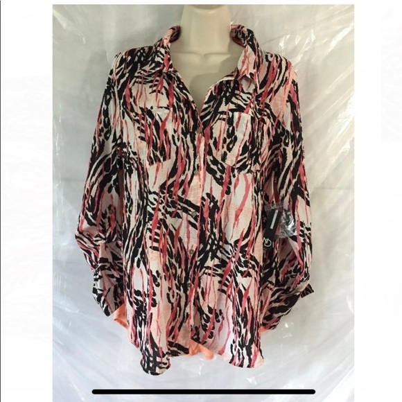 New Directions Womens Button Up Top Blouse Roll Up Sleeves Peach Paisley SZ PXL - Picture 1 of 16